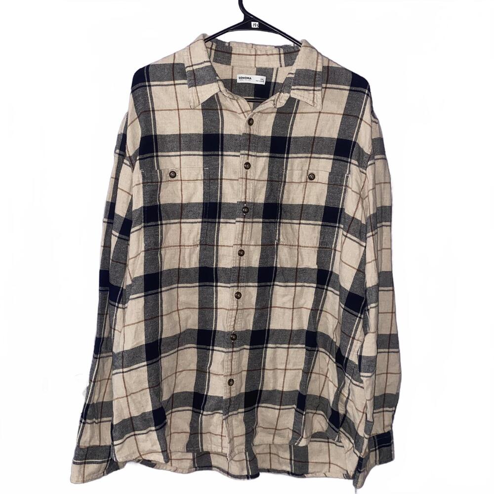 Sonoma Men’s XXL Beige Navy Plaid Flannel Button Down Long Sleeve Shirt
